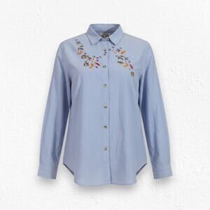 80s Vintage Chambray Leaf Embroidered Denim Classic Button Up Top Size 18W